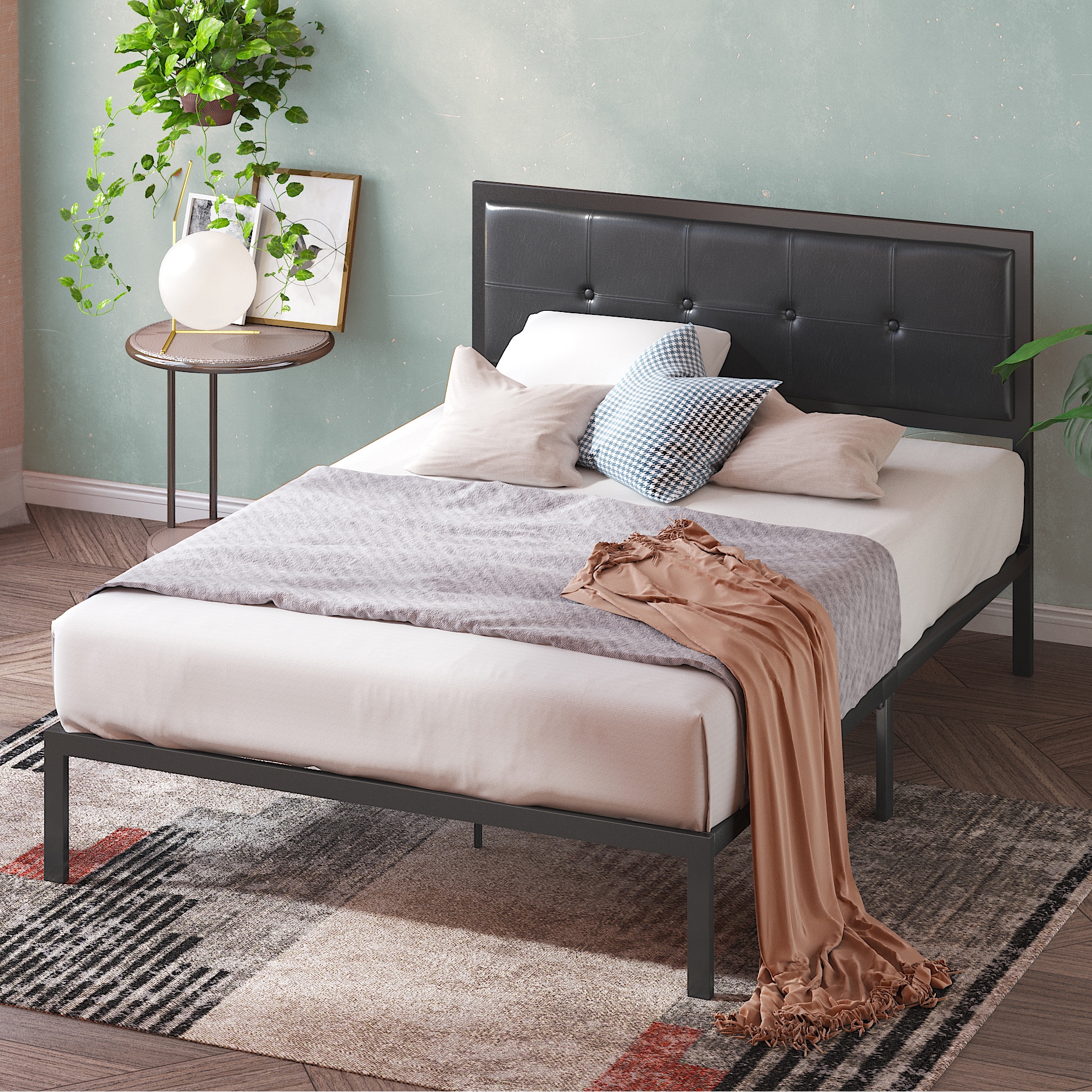 Zinus Cherie Faux PU Black Leather Bed Frame Modern Classic Headboard