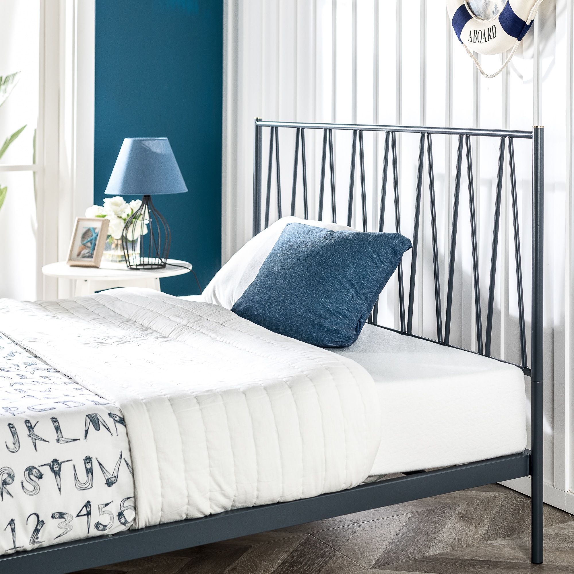 Zinus Gemma Navy Blue Metal Bed Frame Romantic Scandinavian Double