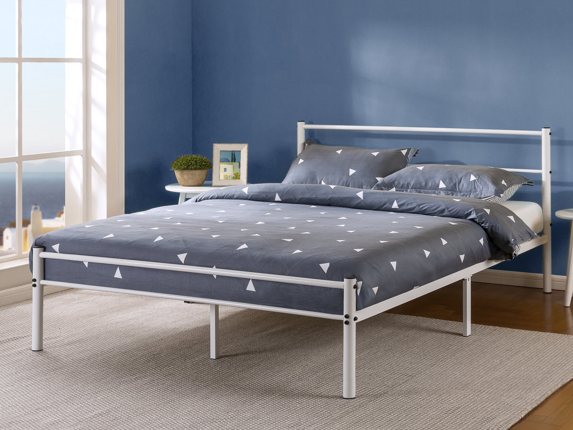 Zinus Geraldine White Metal Bed Frame with Headboard and Footboard