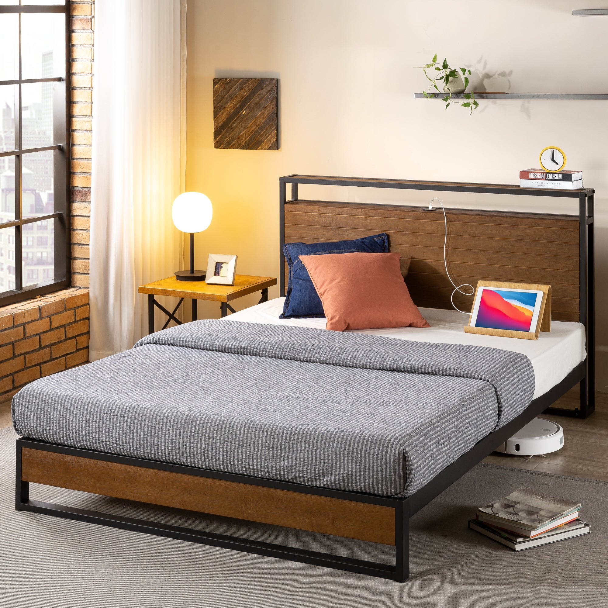 Zinus Ironline Industrial Metal And Pine Wood Bed Frame With Headboard Shelf And Usb Port 