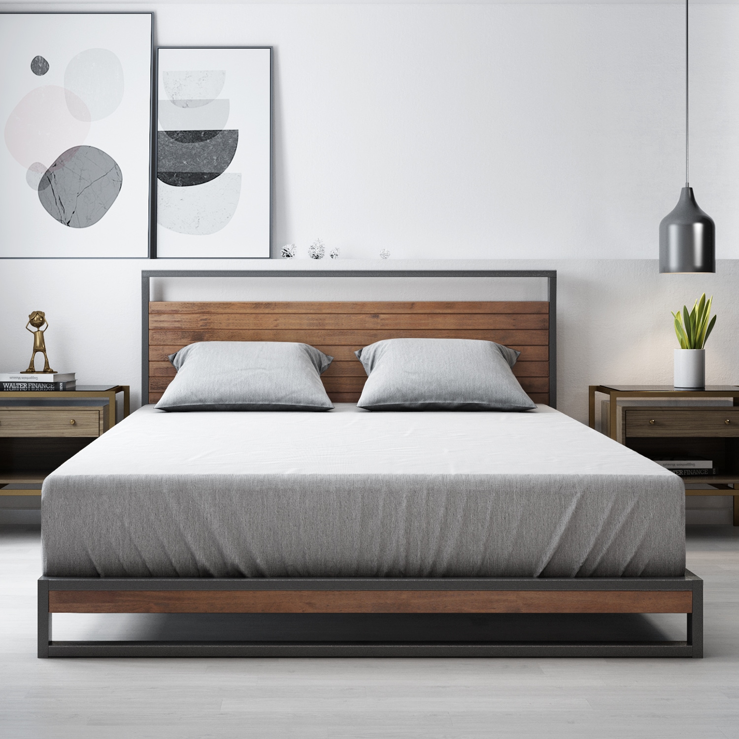 Zinus Ironline Metal and Wood Platform Bed Frame Base ...