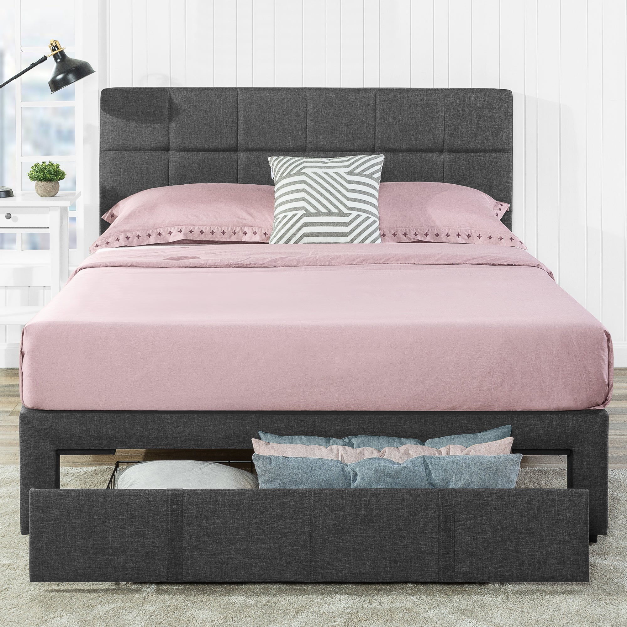 Zinus Lottie Upholstered Square Stitched Fabric Platform Bed Frame With Drawer Storage 