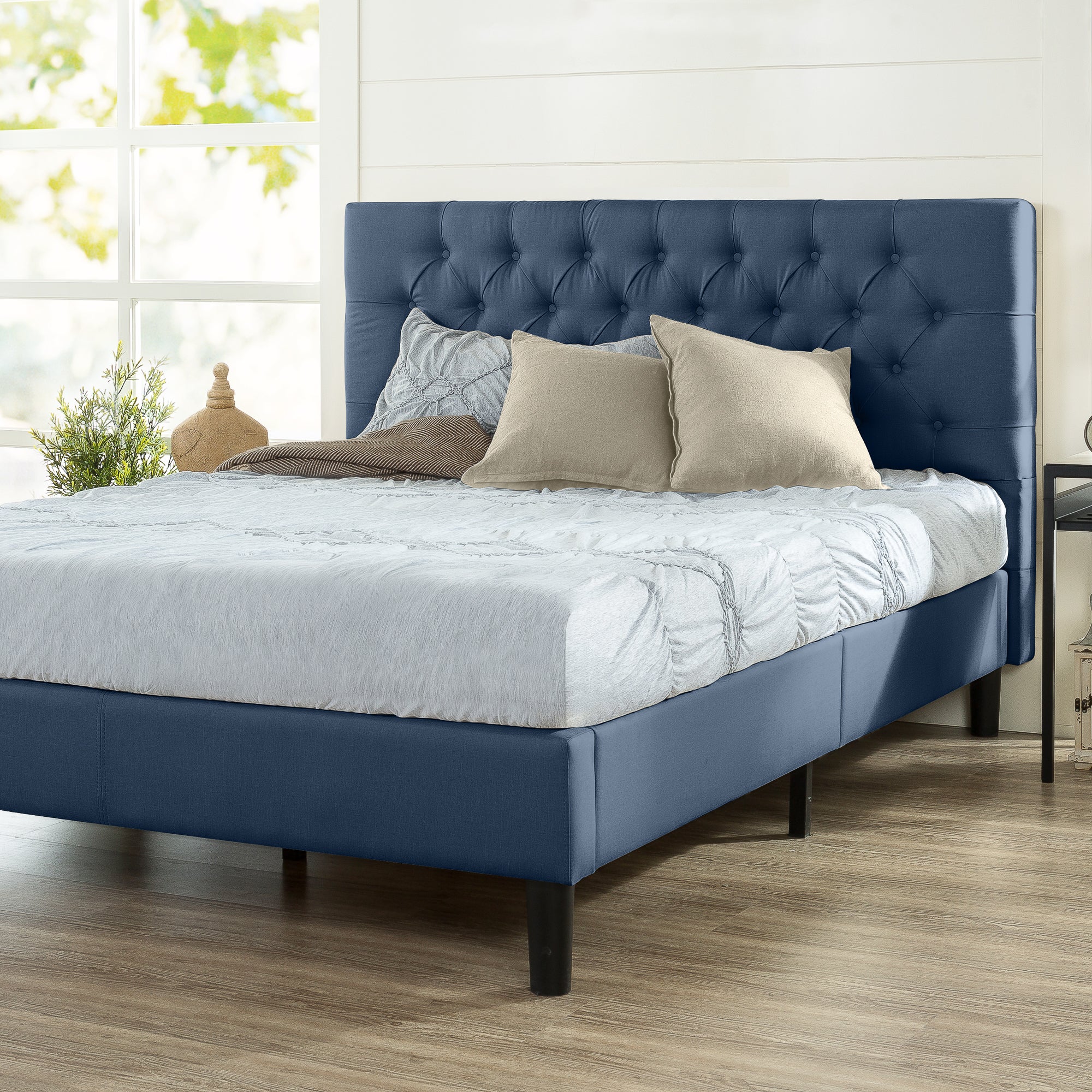 Zinus Misty Fabric Bed Frame Upholstered Button Tufted Fabric Platform Double Queen Size