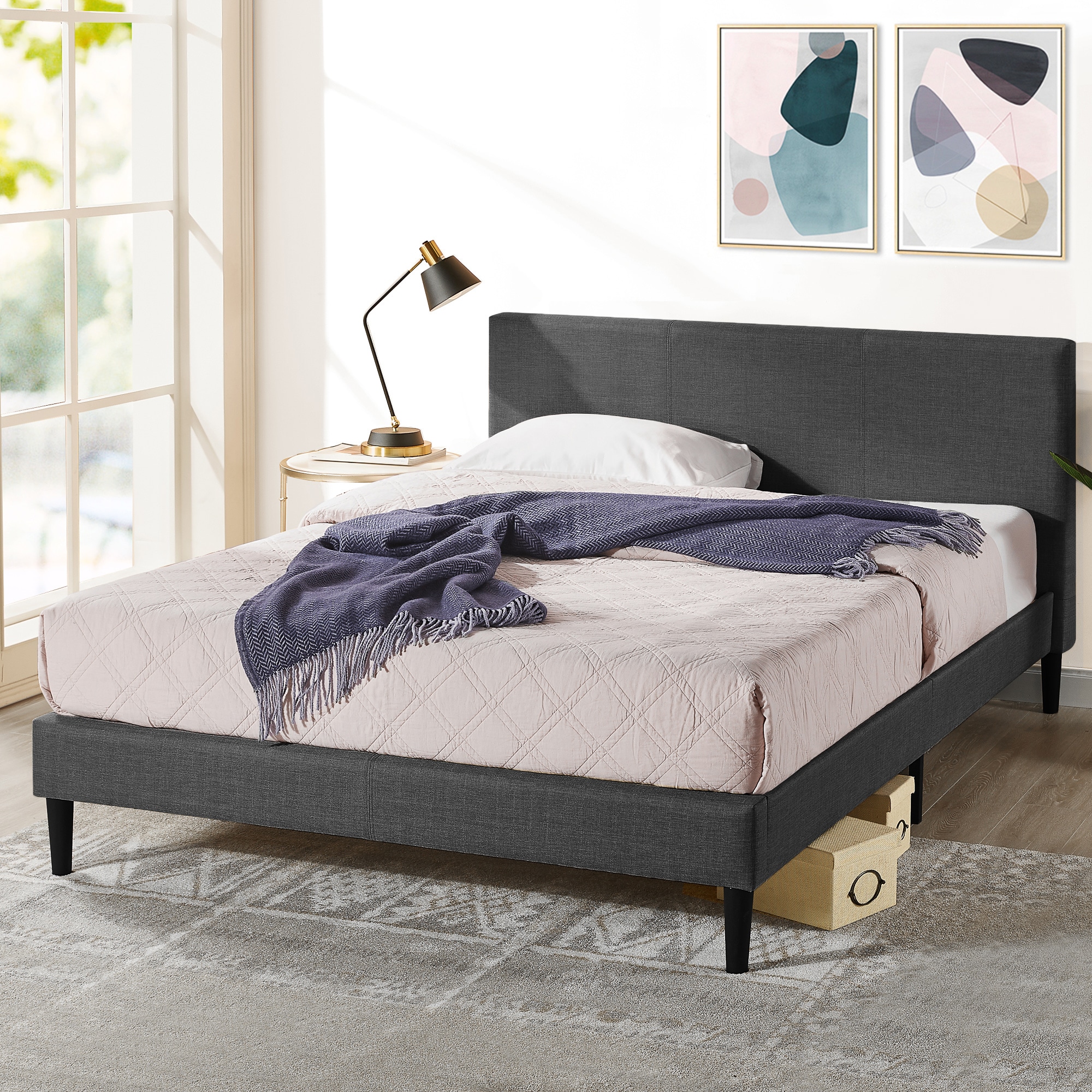 Zinus Nelly Classic Home Fabric Upholstered Platform Bed Frame Dark ...