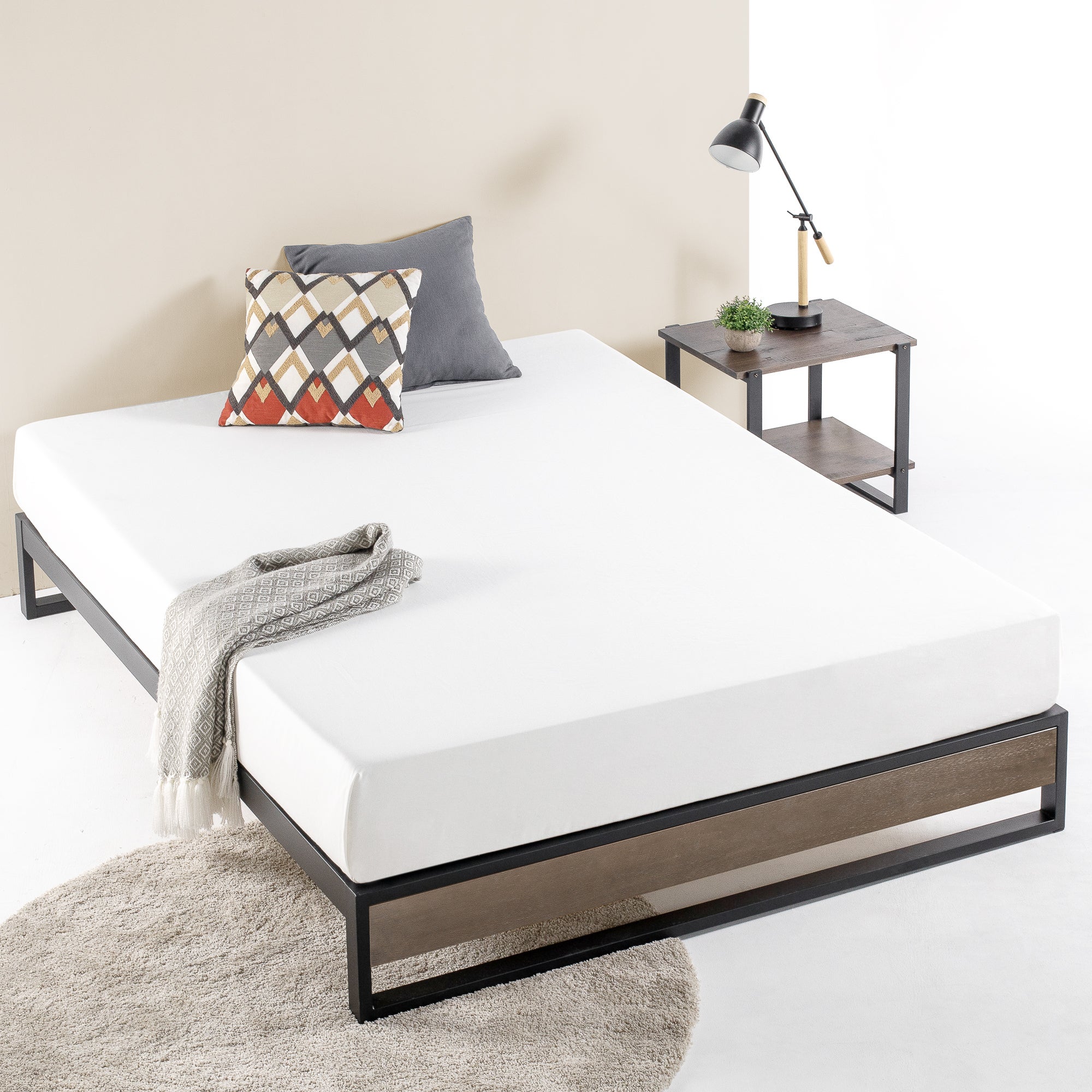 Zinus Suzanne 25cm Grey Industrial Bed Base Frame Steel And Pine Wood Modern Double Queen Size 