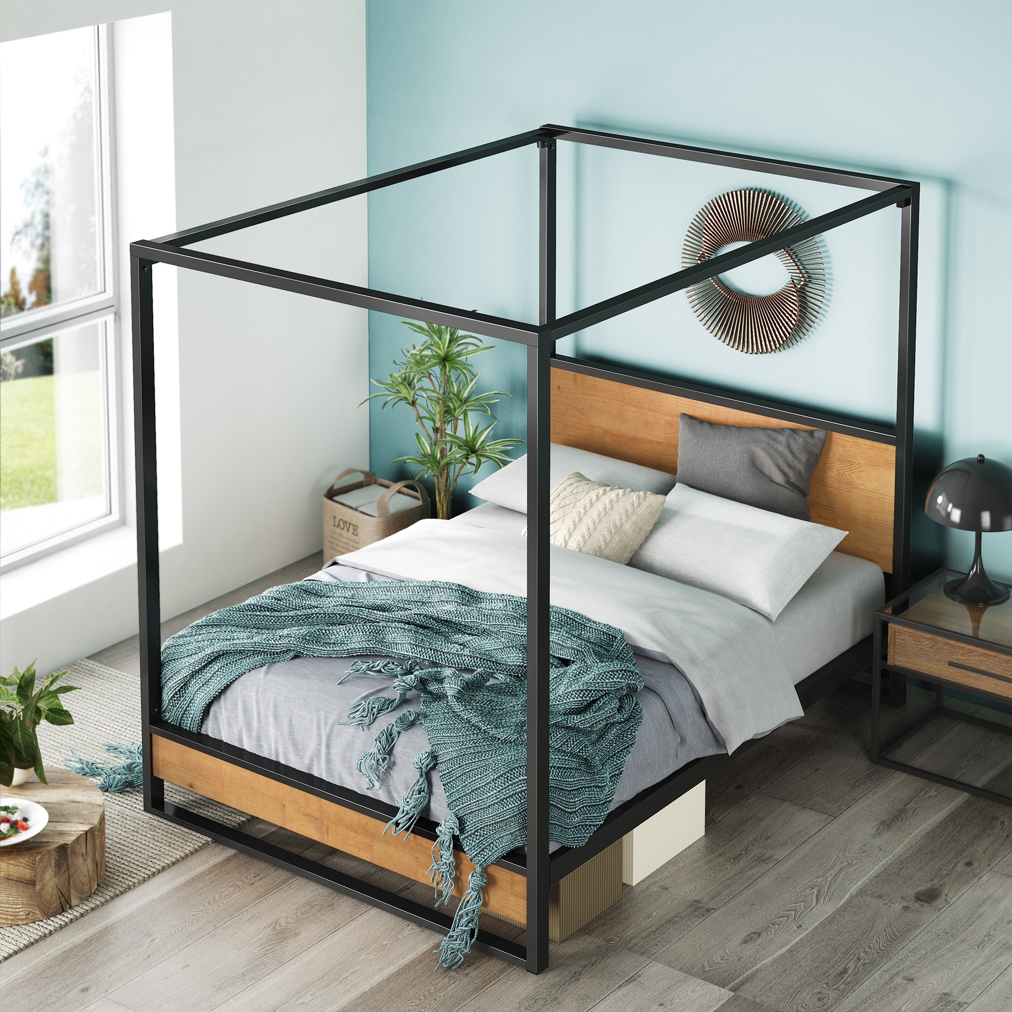 Zinus Suzanne Canopy Metal and Wood Bed Frame Double Queen