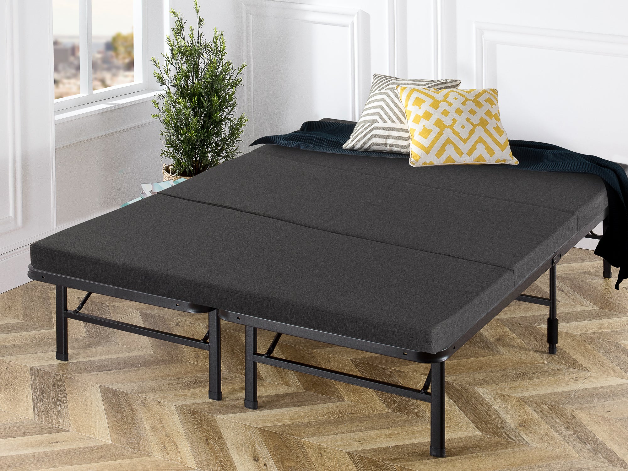 portable bed on frame with memory foam mattress