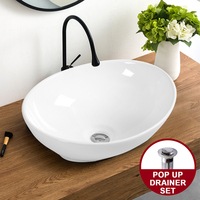 Ceramic Basin Bathroom Sink Above Counter Top Oval W/Drainer Set Gloss Vanity