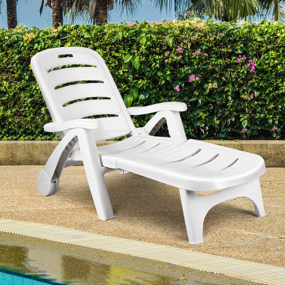 Folding Lounge Sun Lounger Chaise Chair on Wheels Outdoor Patio Deck