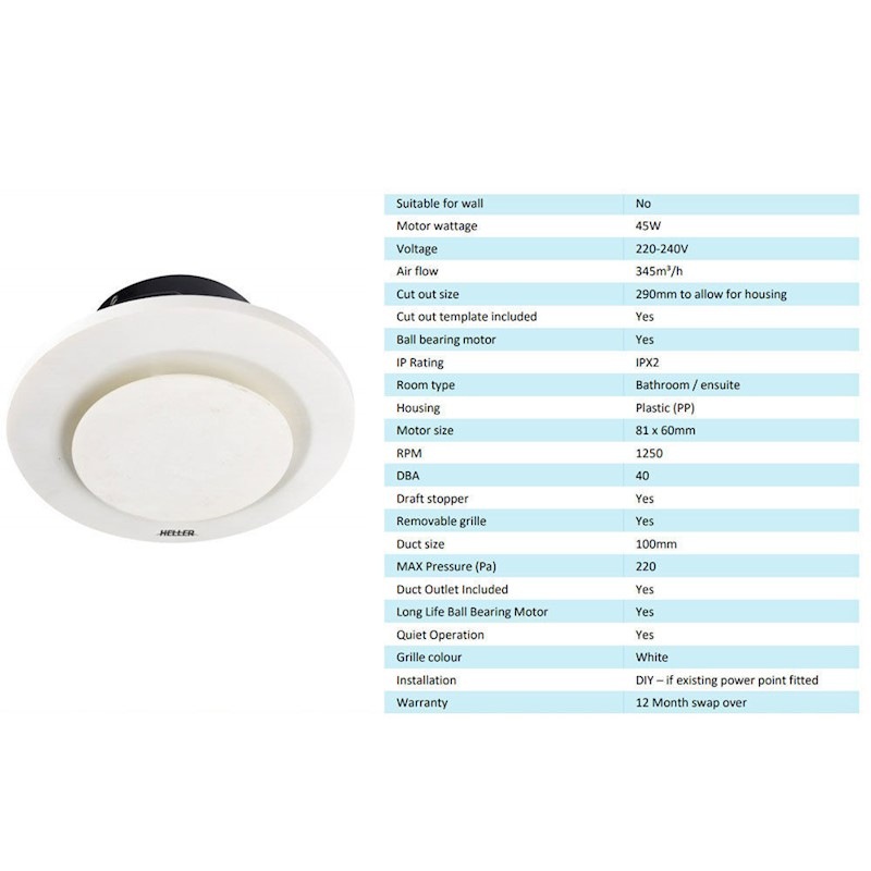 250mm White Ducted Round Exhaust Fan Bathroom Ventilation Shutter Ceiling Heller