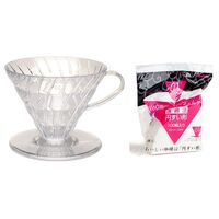 HARIO V60 - 01 COFFEE DRIPPER WITH 100 FILTER PAPERS. INCLUDES A FREE MEASURING CUP