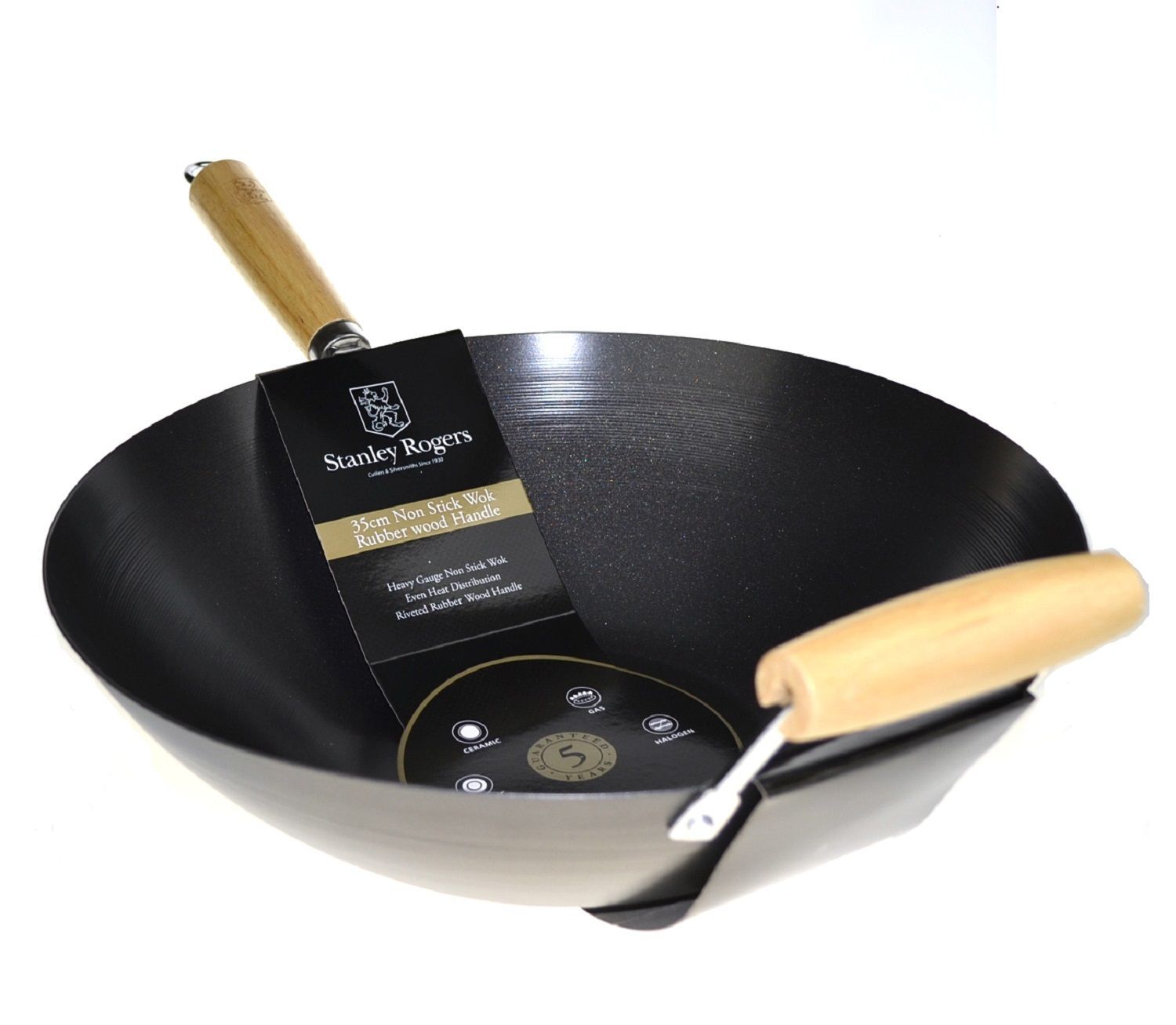 STANLEY ROGERS 35cm NON STICK CARBON STEEL WOK WITH RUBBER WOOD HANDLE