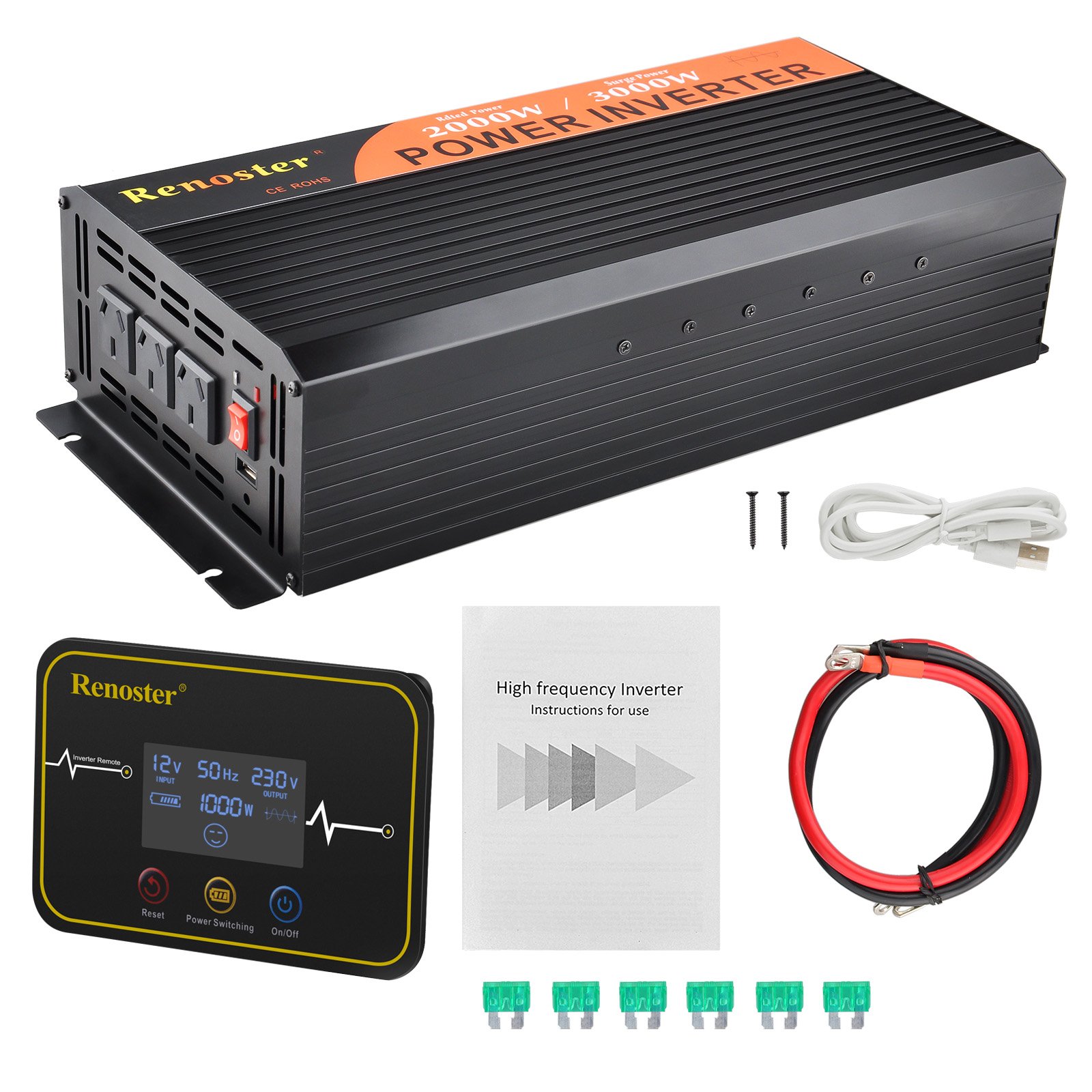 Pure Sine Wave Inverter 2000W Max 4000W 12V-240V Watt Power Car Caravan ...