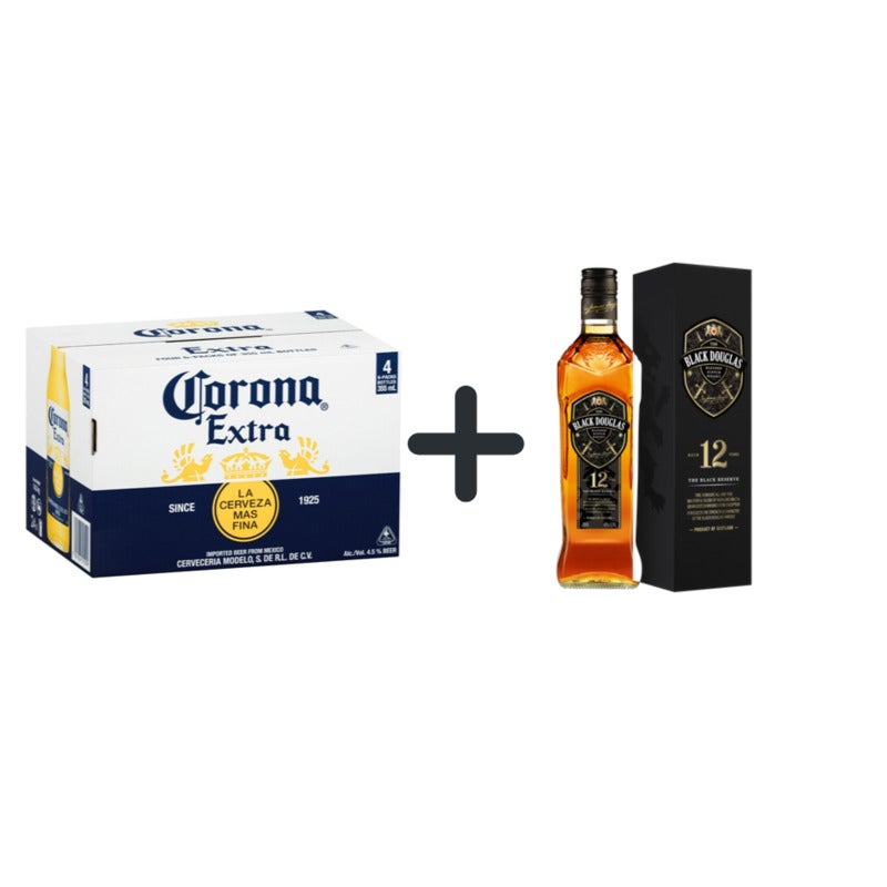 Corona Extra 24 Pack carton + 1 x Black Douglas 700ml 12 yo Scotch
