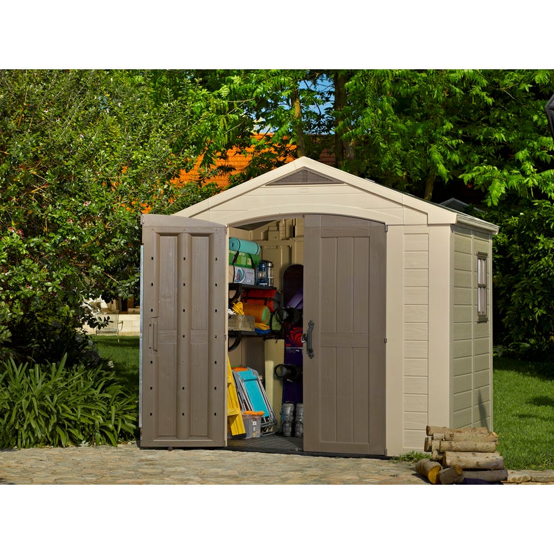 keter factor 8x6 large outdoor storage/garden shed taupe