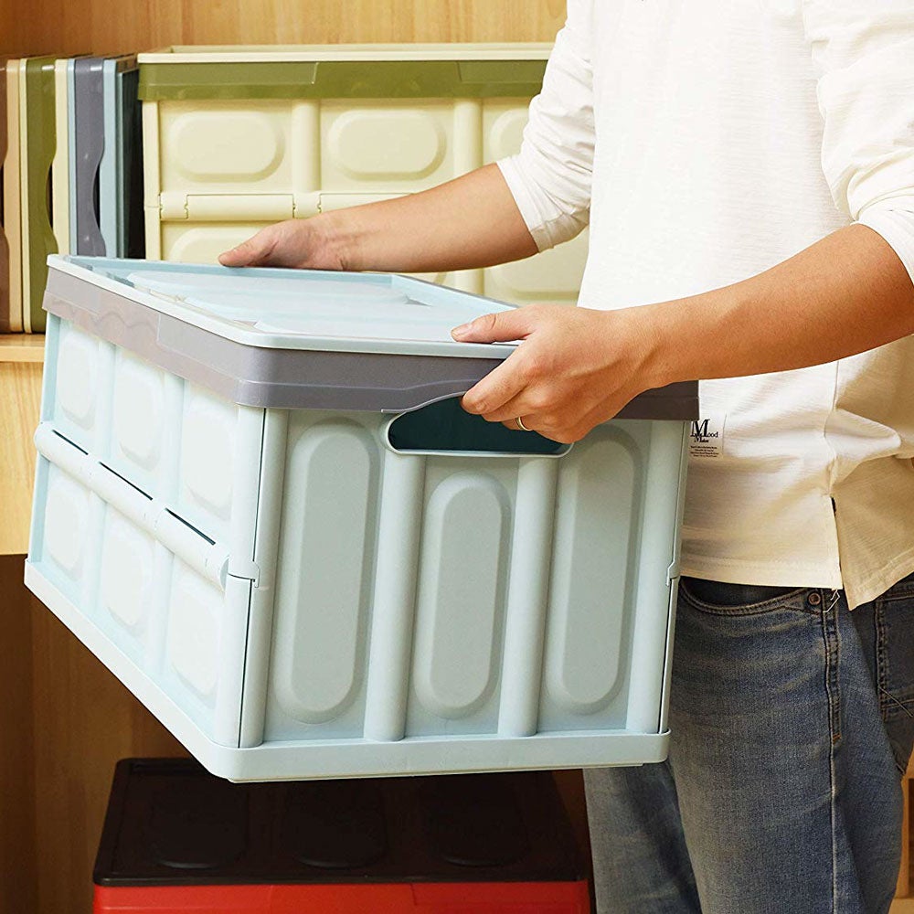 3 x 56L Collapsible Storage Bins w/ Lids Folding Plastic Stackable
