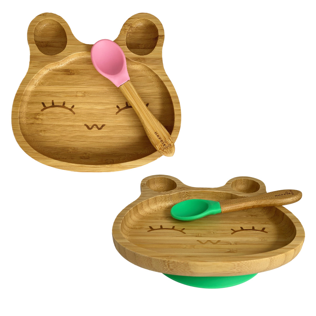 SpillFree, Natural Bamboo Kids Plate with Suction and Spoon Comes in