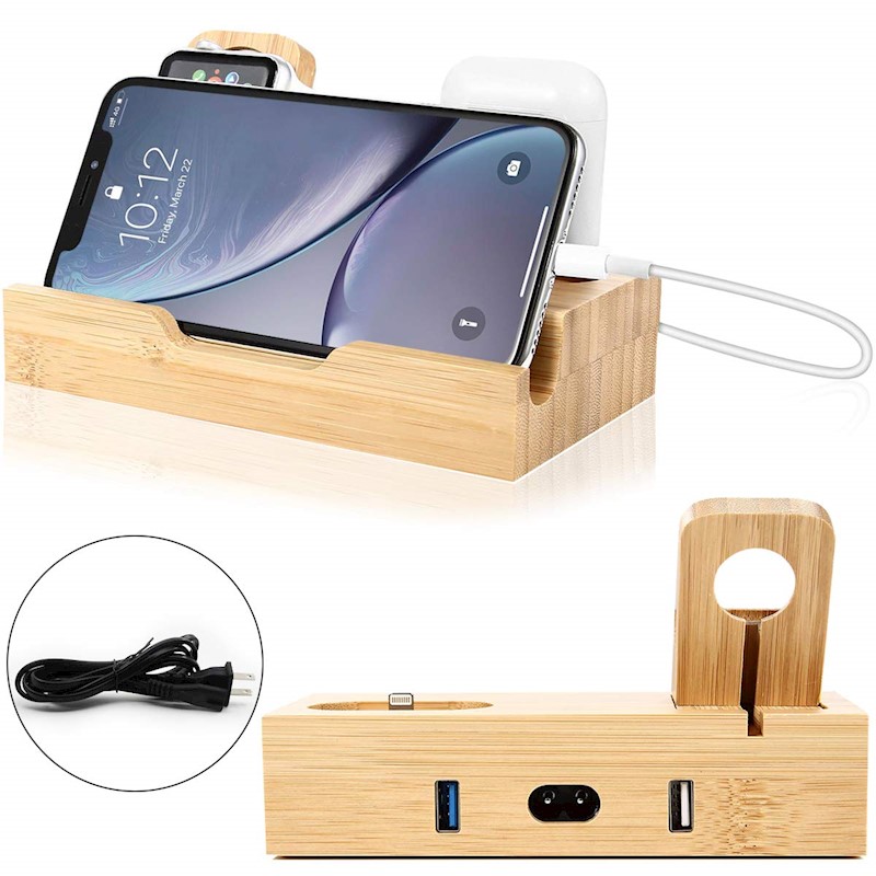 Catzon 3 In 1 Watch Charger Stand Bamboo Charging Station With 2