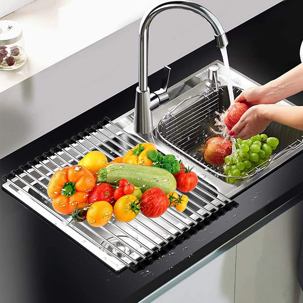 Kitchen Over the Sink Dish Drying Rack Roll Up Stainless Steel Colander ...