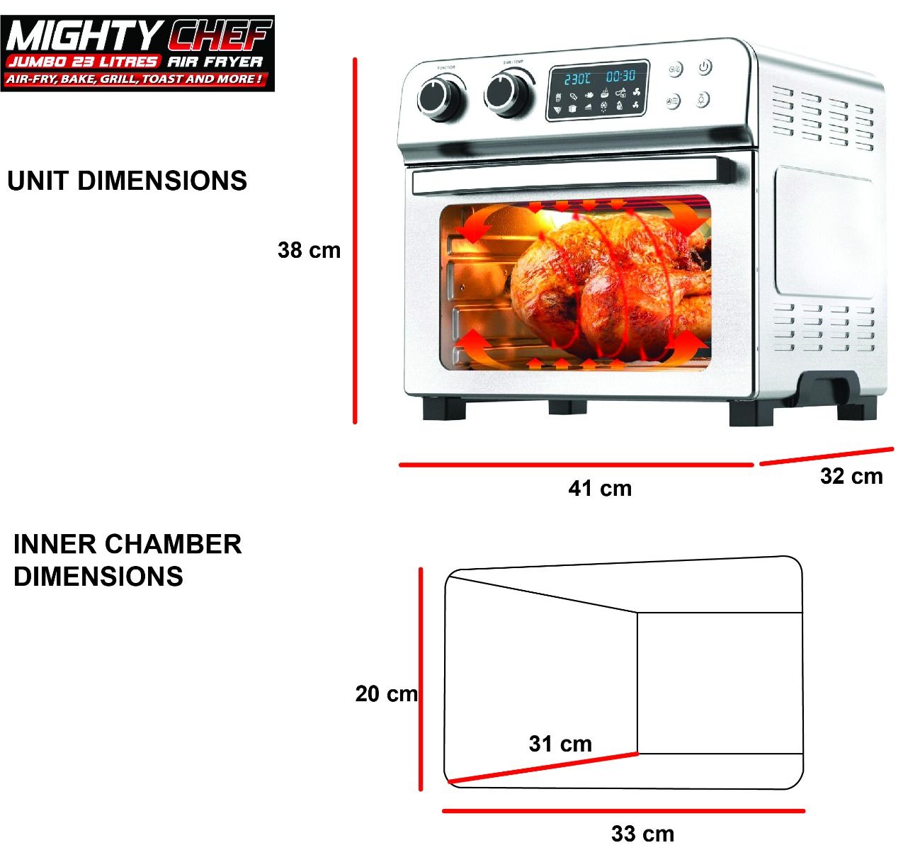 Mighty Chef Jumbo Air fryer Oven 23L All 8 Accessories Included 1700W