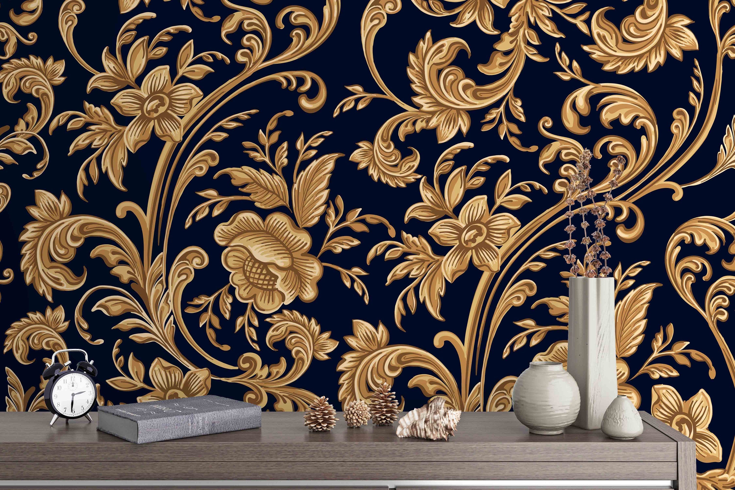 Gold And Black Floral Wallpaper 3D Black And Gold Floral Pattern Removable Wallpaper,Peel & stick Wall