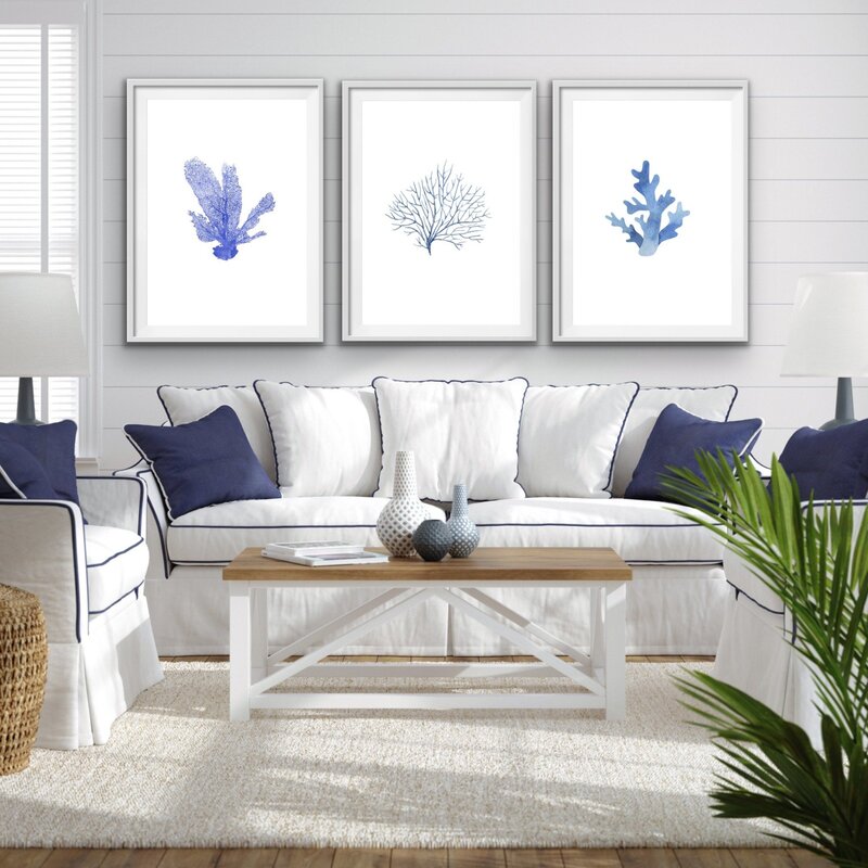 Hamptons Blue Coral Seaside Wall Art Prints Three Piece